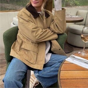 Lands End Cotton Barn Coat Jacket Tan Canvas Field Coat Plaid Lined XL 18 20